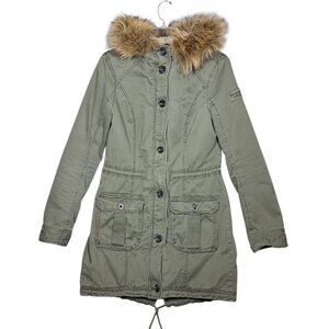 Abercrombie & Fitch Womens Parka Jacket Coat Olive Green Faux Fur Hooded Sherpa